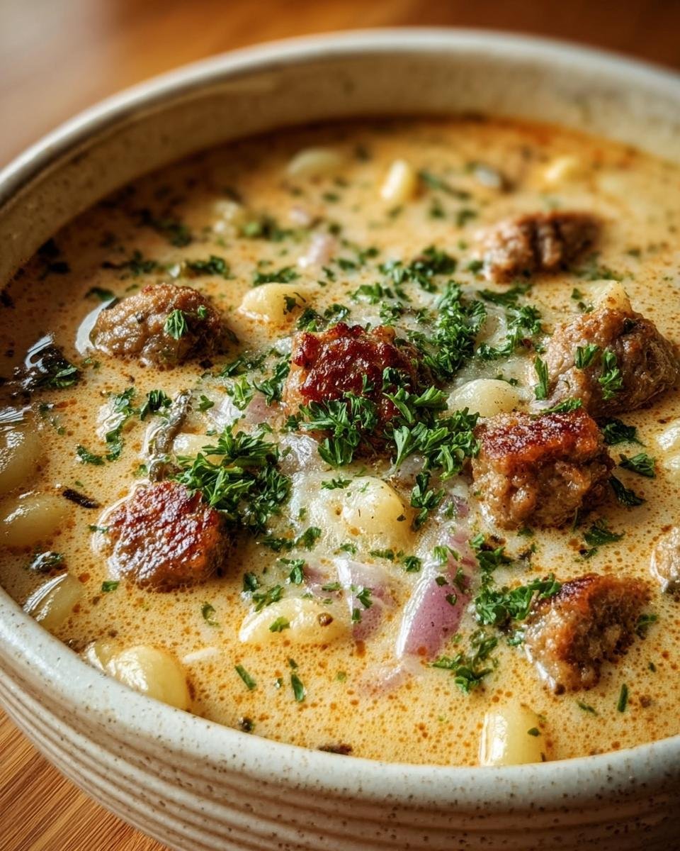 Close-up of a bowl of Cozy Parmesan Sausage Soup with sausage, pasta, and fresh parsley.