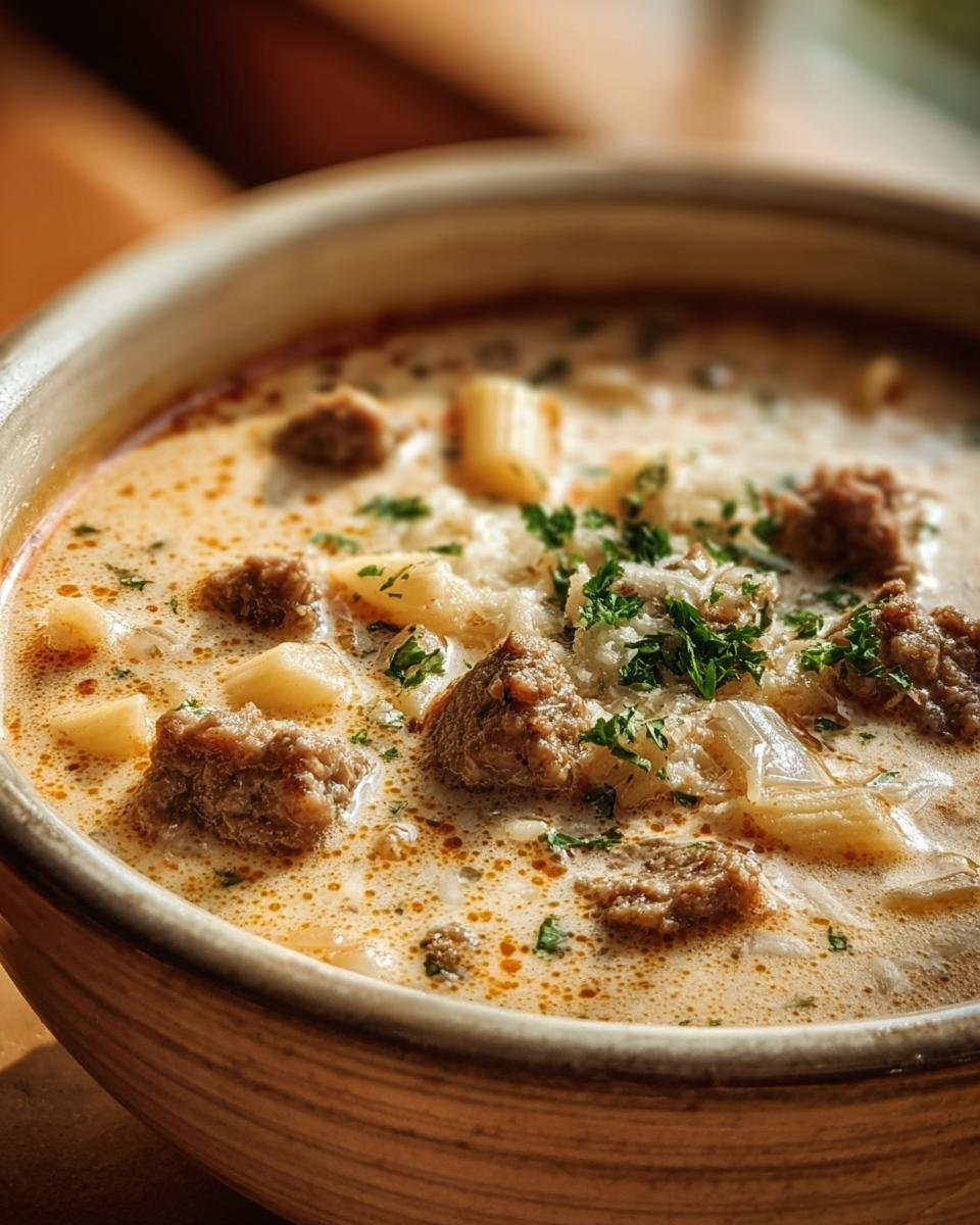 Close-up of a bowl of Cozy Parmesan Sausage Soup, garnished with fresh parsley and parmesan cheese.