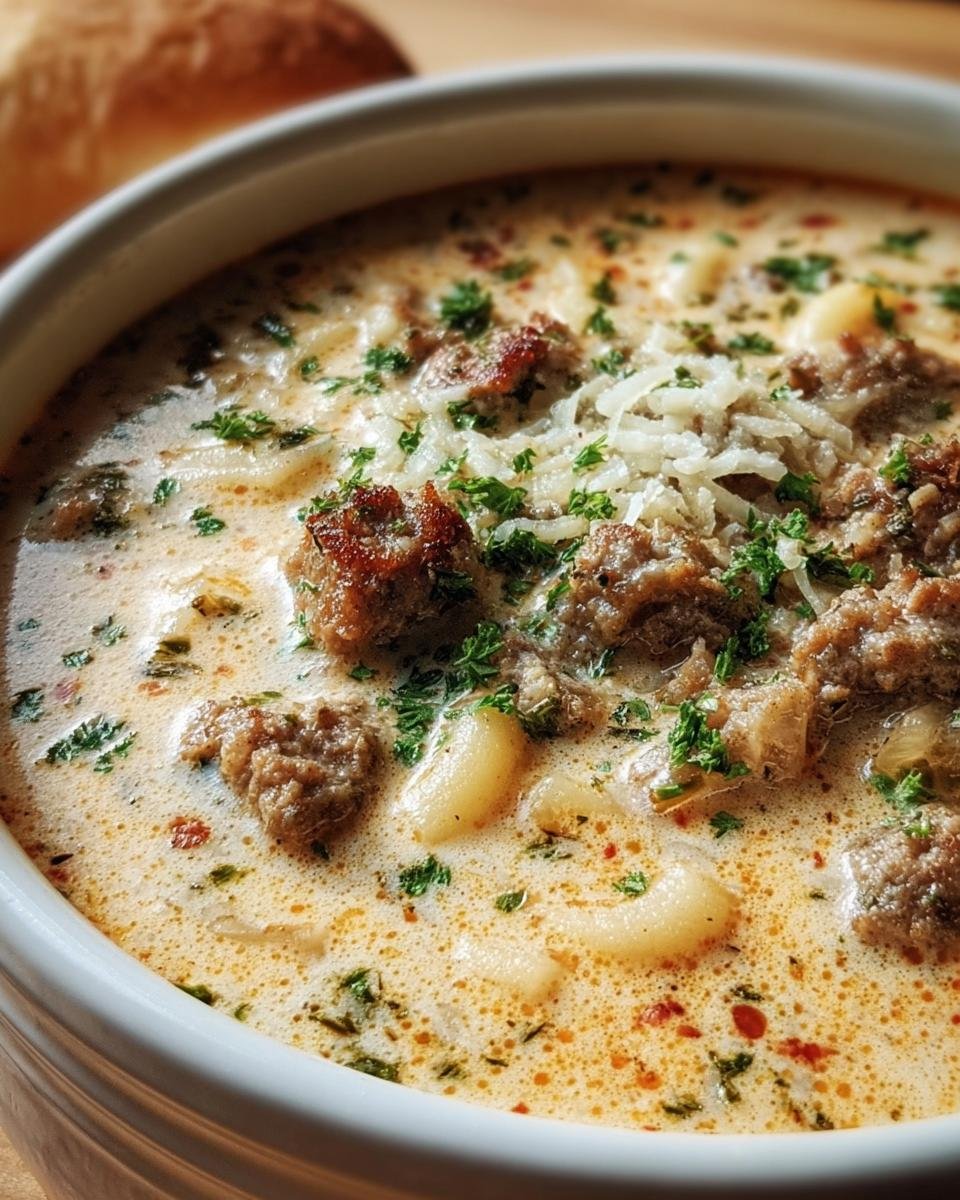 Close-up of a bowl of Cozy Parmesan Sausage Soup, garnished with parsley and parmesan cheese.