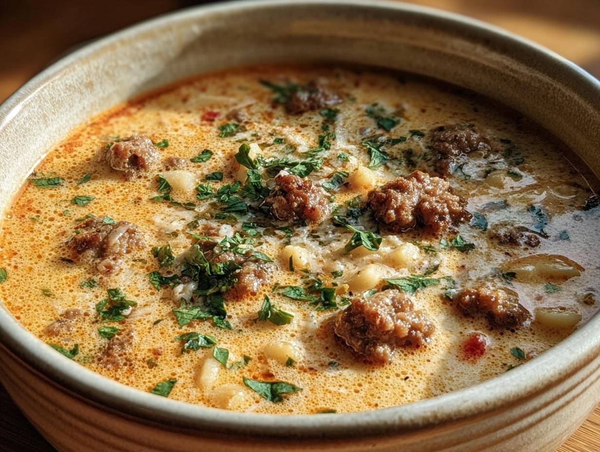 A bowl of Cozy Parmesan Sausage Soup, garnished with fresh parsley, featuring sausage and pasta.