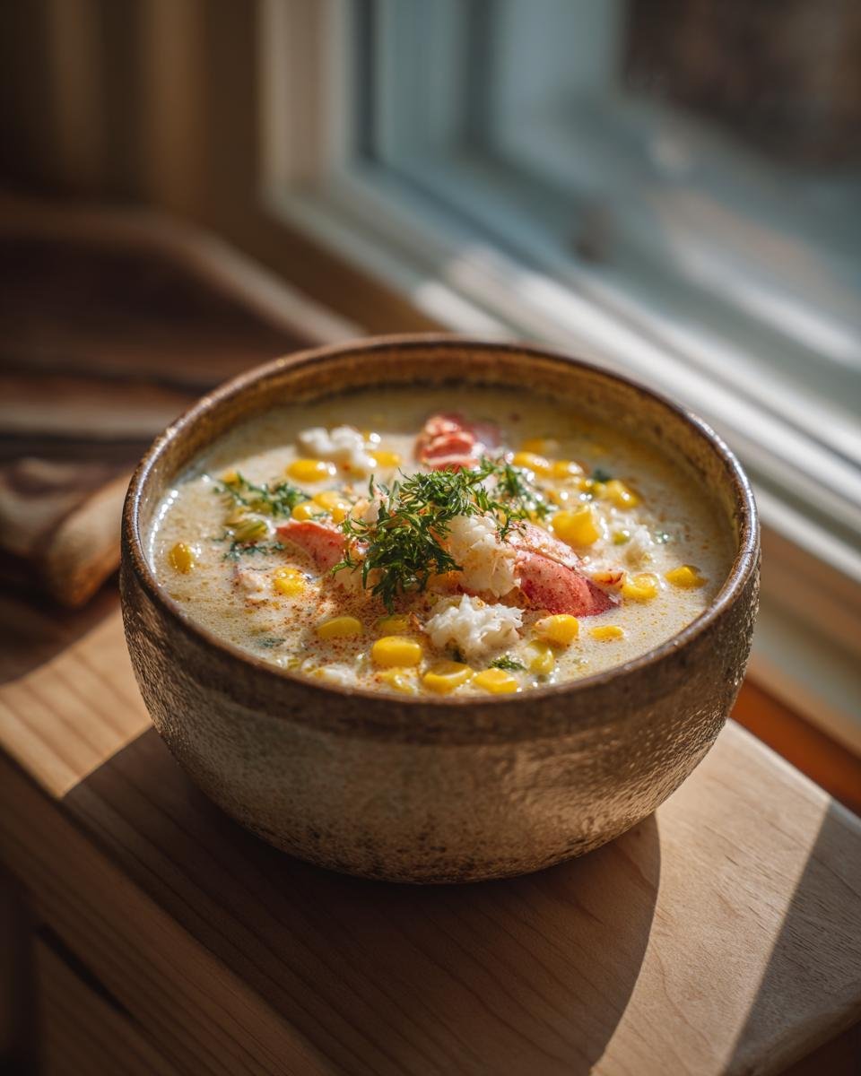 A bowl of creamy Crab & Corn Chowder Recipe, garnished with fresh herbs and crab meat.