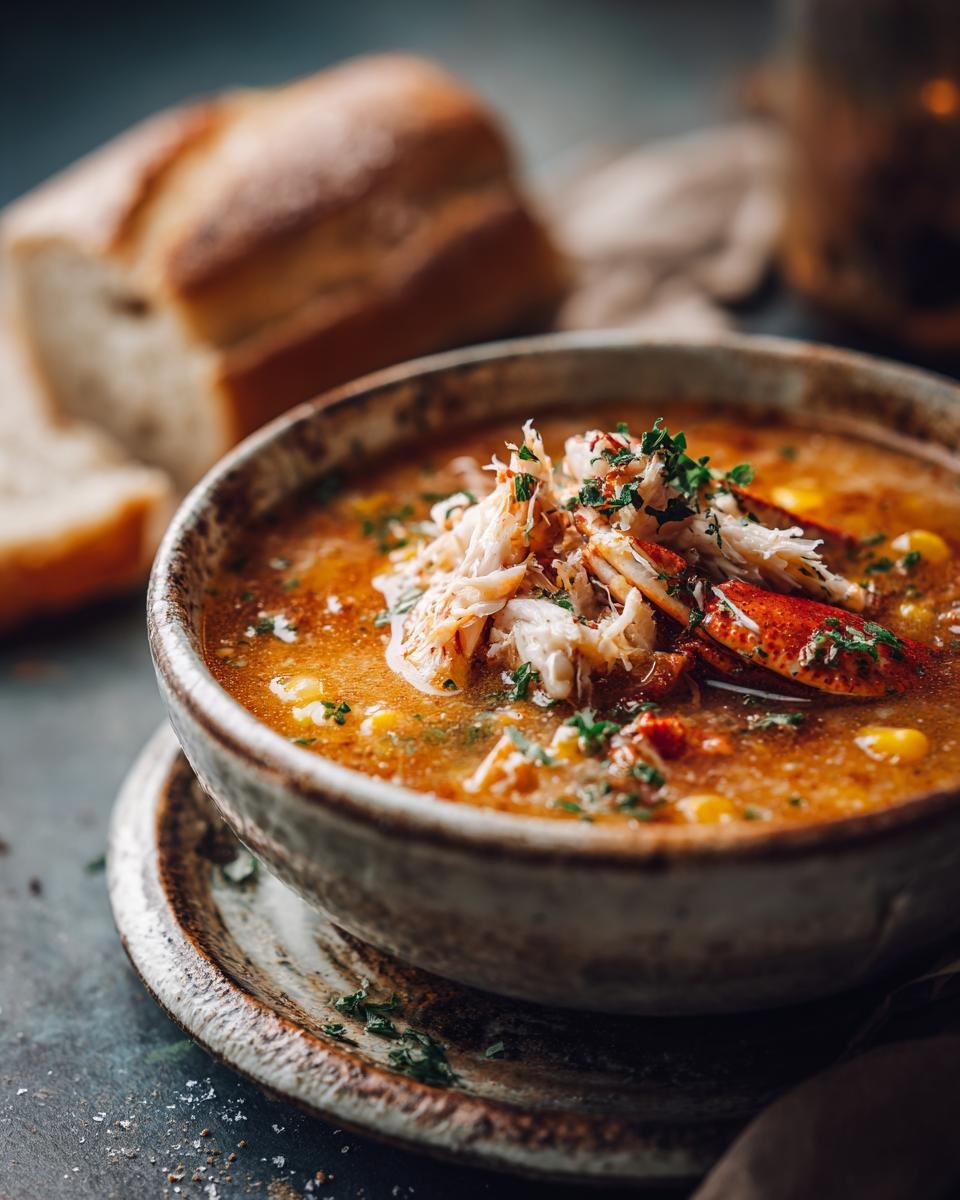 A bowl of creamy Crab & Corn Chowder, garnished with fresh crab meat and herbs, served with crusty bread.