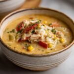 A bowl of creamy Crab & Corn Chowder Recipe, garnished with fresh parsley and crab meat.