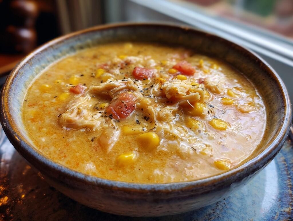 A bowl of creamy Crab & Corn Chowder, garnished with tomatoes and black pepper.