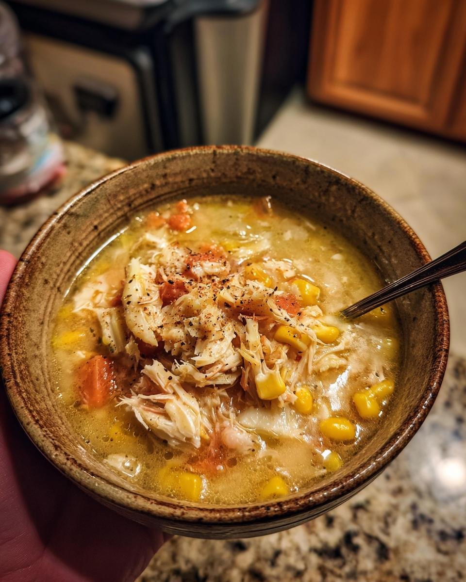A bowl of homemade Crab & Corn Chowder Recipe, topped with crab meat and spices.