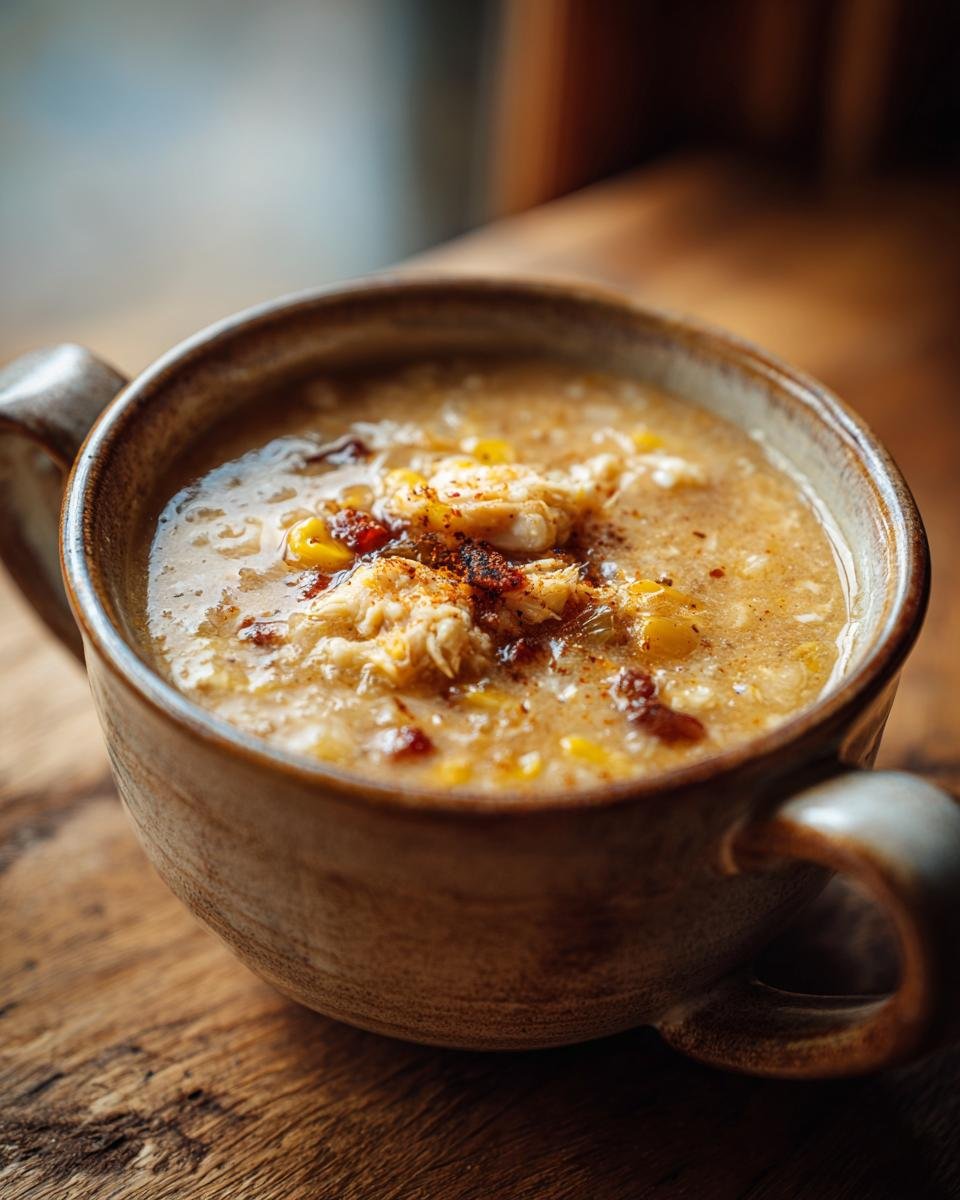 Close-up of creamy Crab & Corn Chowder in a rustic ceramic bowl, garnished with spices.