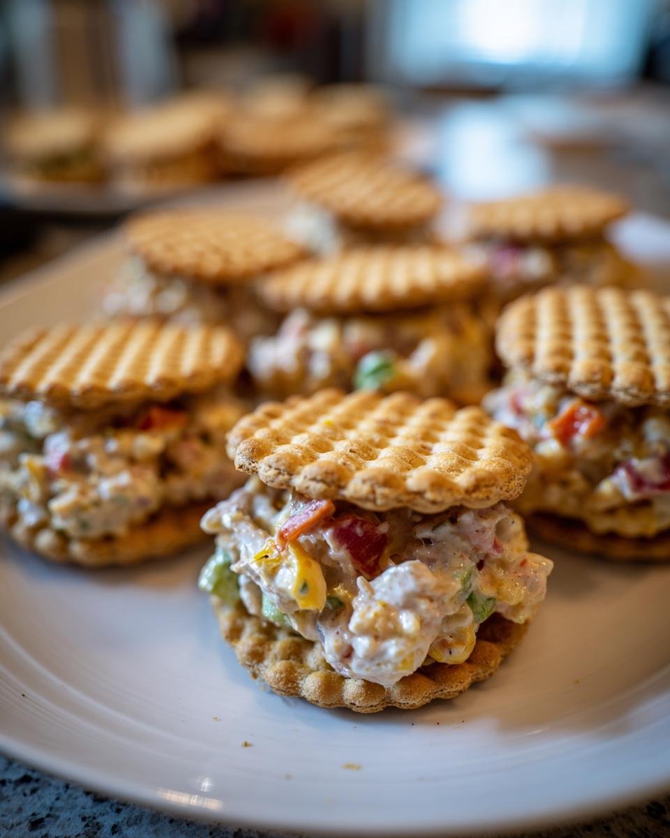 Close-up of crackers party sandwiches filled with chicken salad on a white plate.