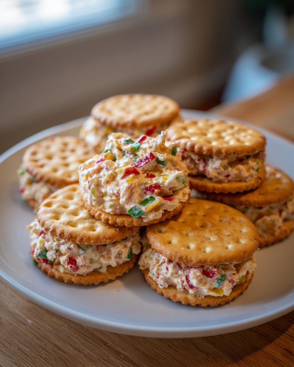 A plate of homemade Crackers Party Sandwiches, filled with a colorful spread.