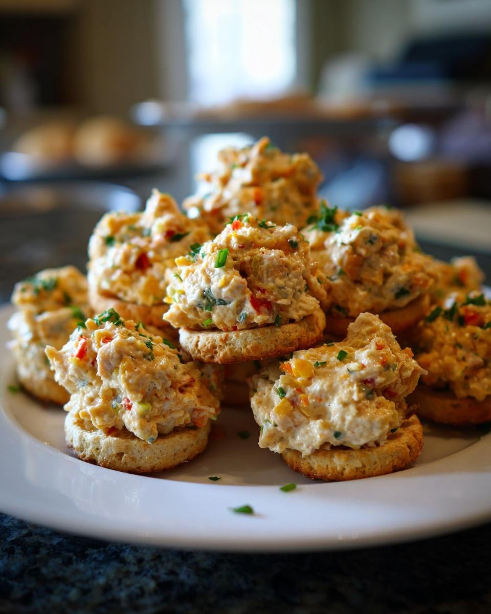 A platter of delicious Crackers Party Sandwiches, topped with a creamy filling and fresh herbs.