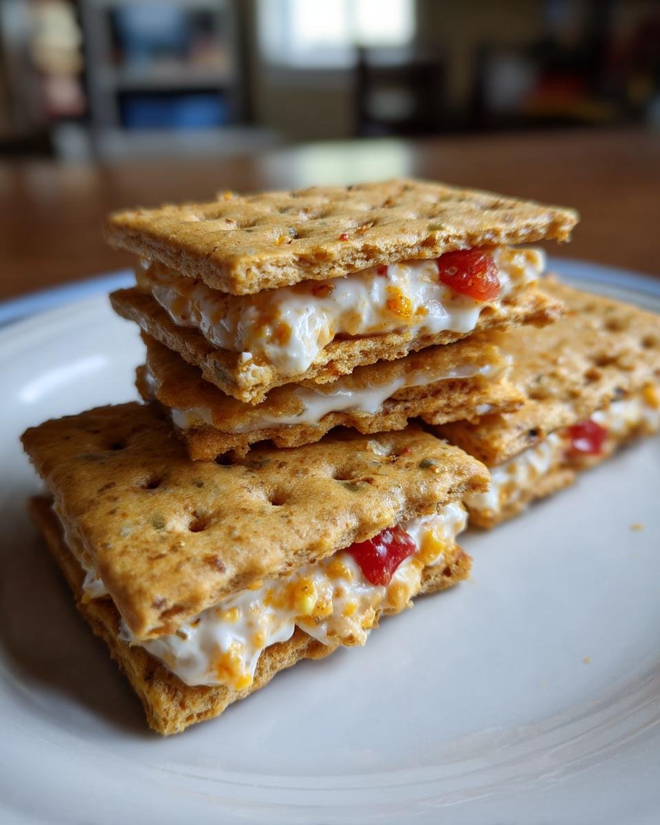 A stack of Crackers Party Sandwiches with cream cheese and red pepper on a white plate.