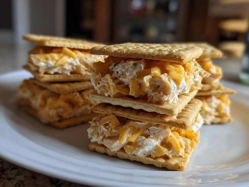 A stack of Crackers Party Sandwiches filled with creamy salad and cheddar cheese on a white plate.
