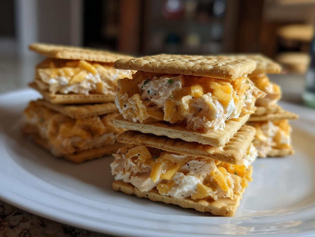 A stack of Crackers Party Sandwiches filled with creamy salad and cheddar cheese on a white plate.