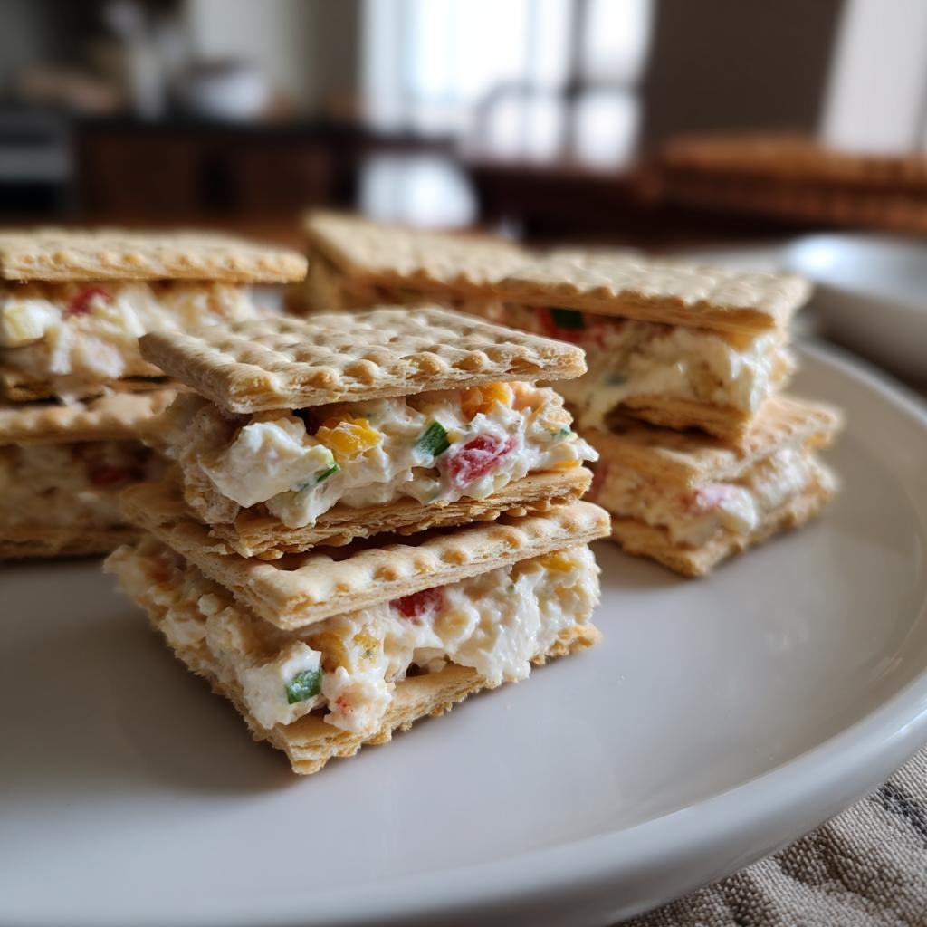 Close-up of stacked Crackers Party Sandwiches filled with a creamy, colorful mixture on a white plate.