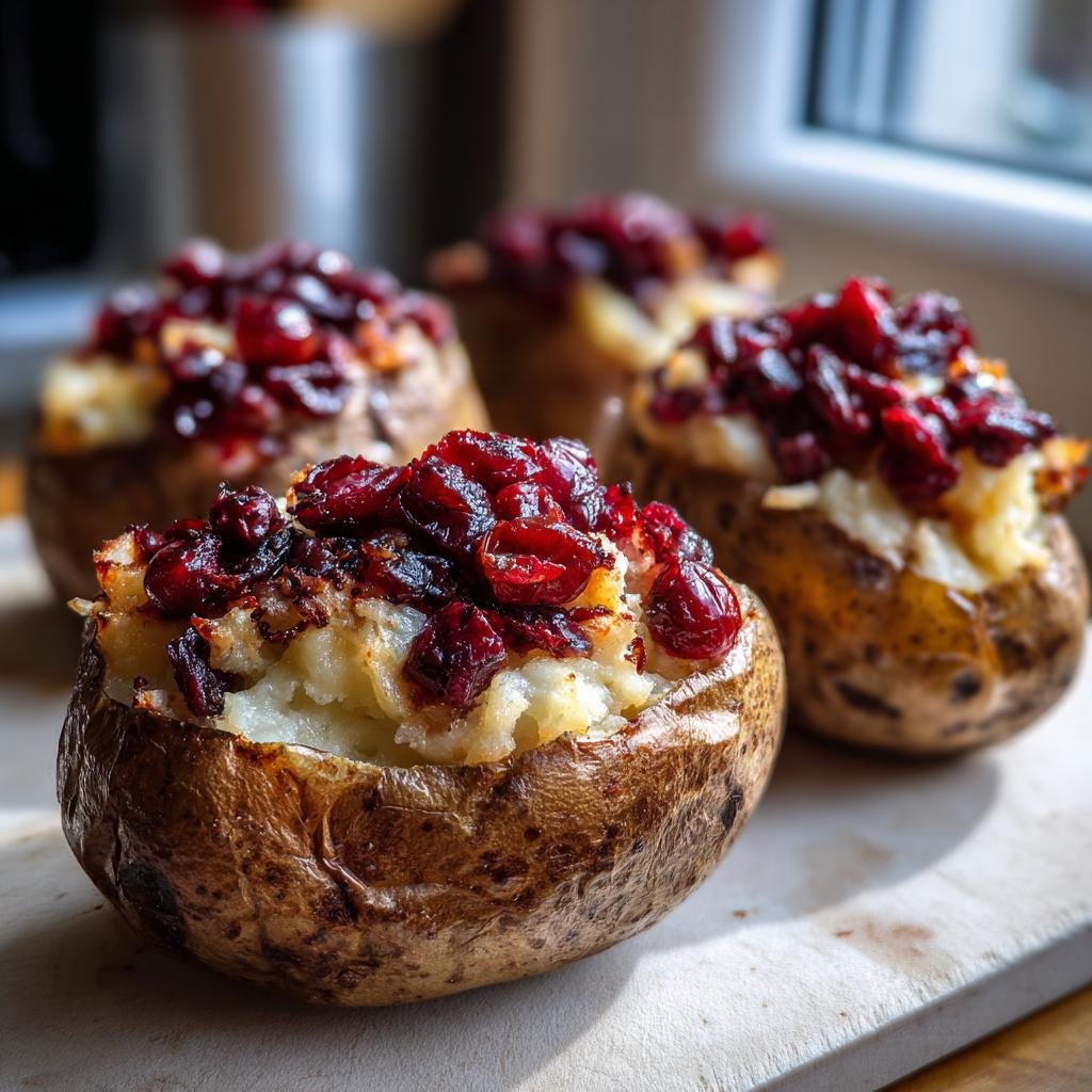 Four Cranberry Apple Baked Potatoes on a wooden board, ready to be served.