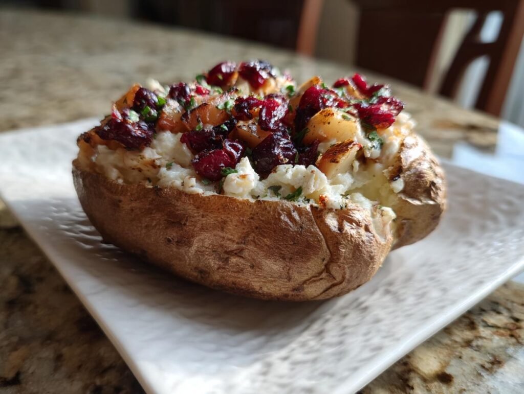 A baked potato topped with cranberry and apple filling, showcasing Cranberry Apple Baked Potatoes.