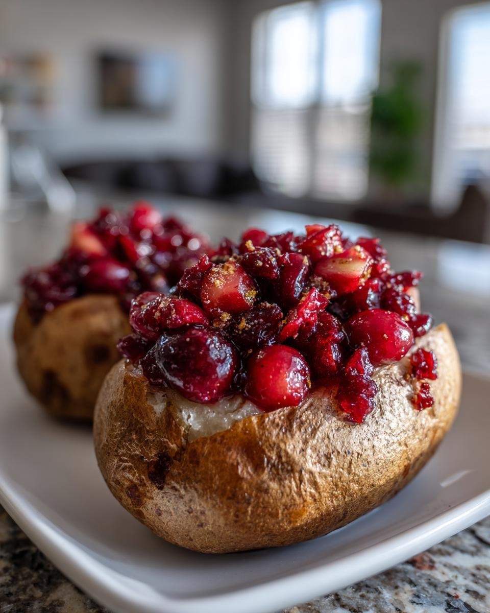 Two Cranberry Apple Baked Potatoes on a white plate, filled with a cranberry and apple topping.