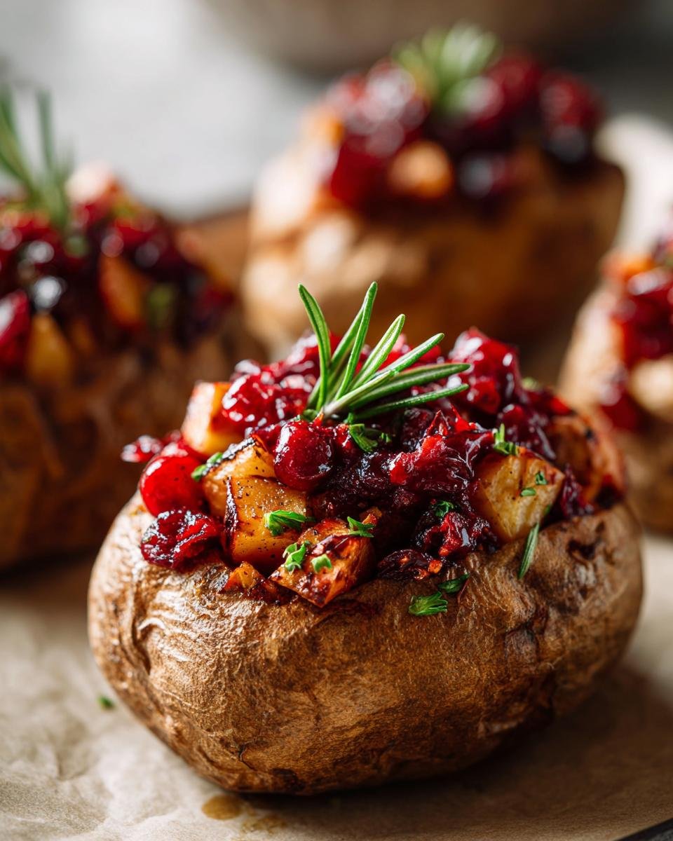 Three Cranberry Apple Baked Potatoes sit on a wooden board, topped with a vibrant cranberry apple mixture.