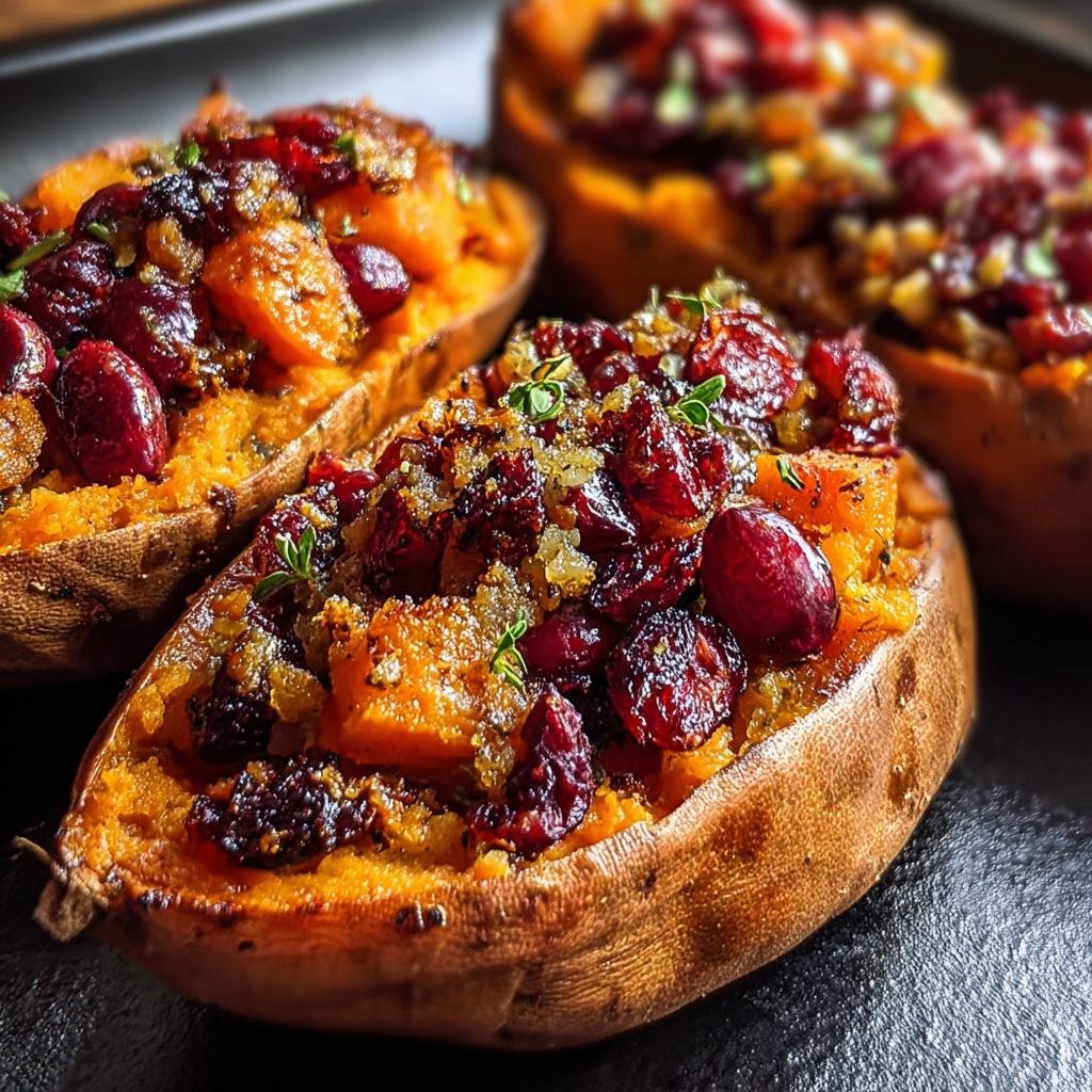 Three Cranberry Apple Twice-Baked Sweet Potatoes on a black plate, garnished with fresh herbs.