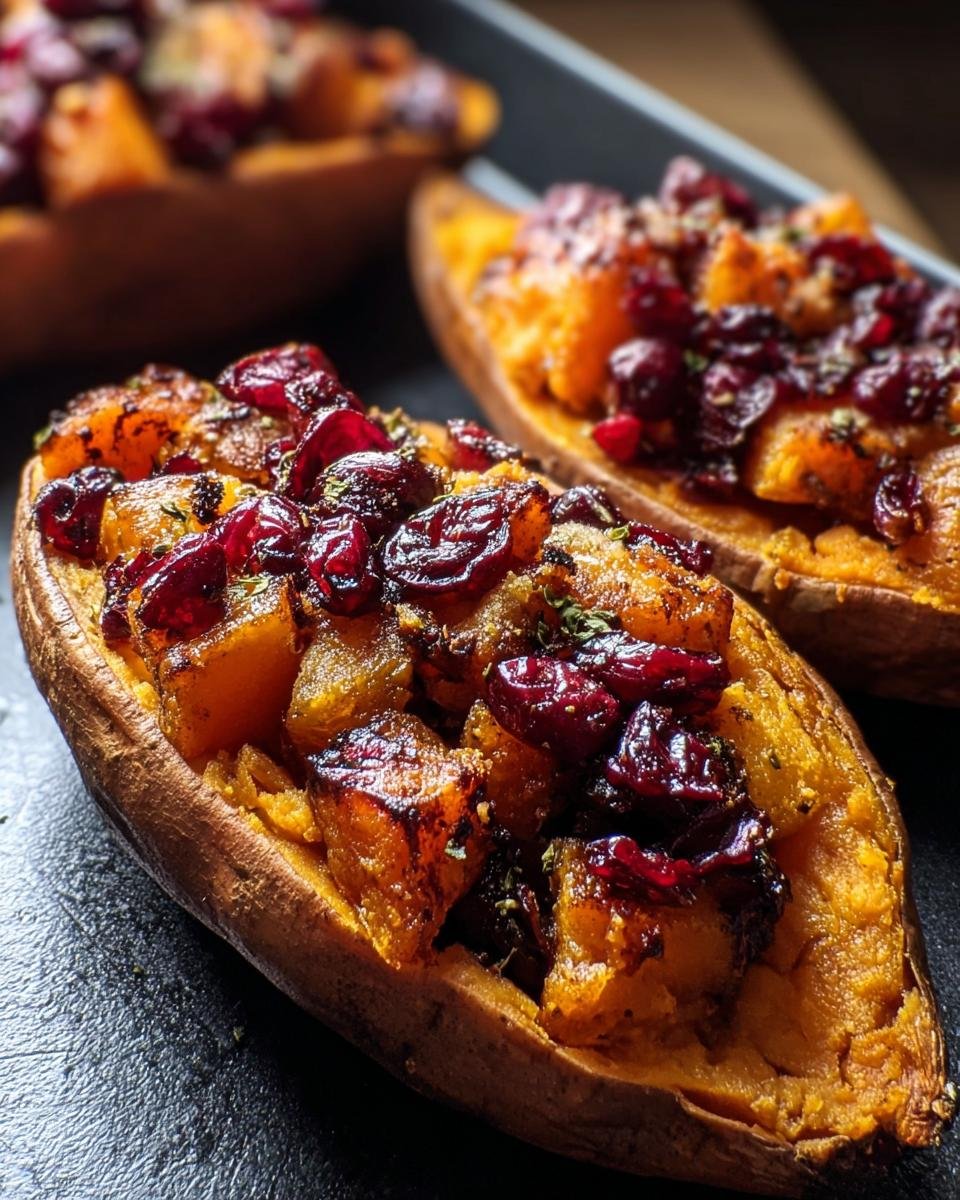 Close-up of Cranberry Apple Twice-Baked Sweet Potatoes, showcasing the filling and cranberry topping.
