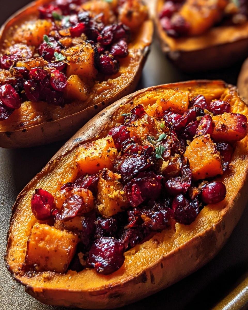 Close-up of Cranberry Apple Twice-Baked Sweet Potatoes. Sweet potatoes are halved and filled with cranberries and apples.