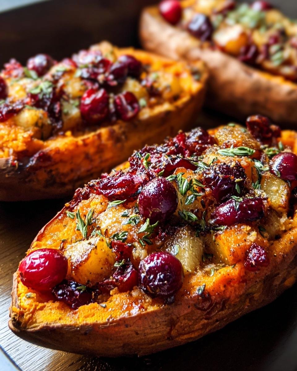Close-up of Cranberry Apple Twice-Baked Sweet Potatoes, topped with cranberries, apples, and herbs.