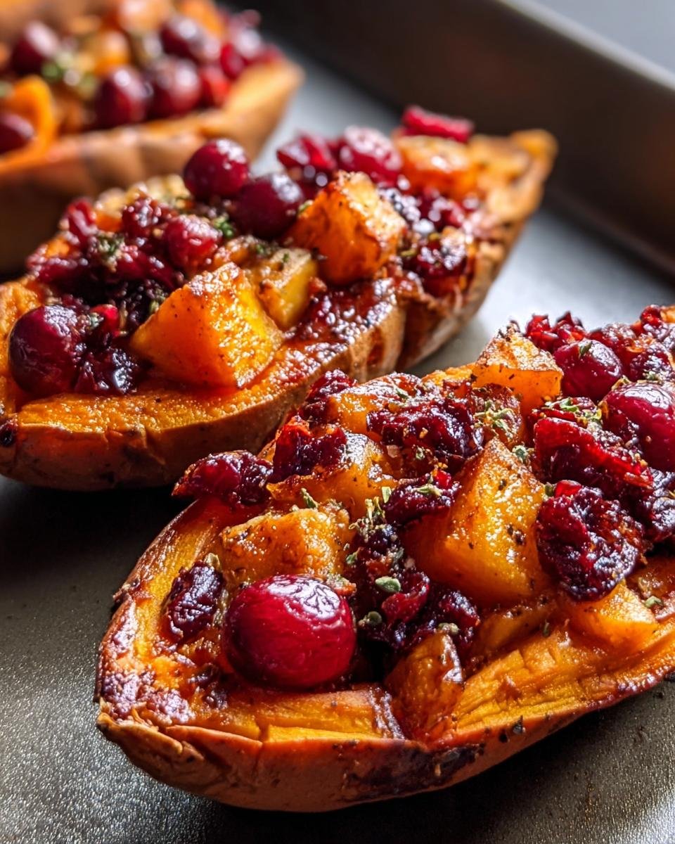 Close-up of Cranberry Apple Twice-Baked Sweet Potatoes, showcasing the vibrant colors of cranberries and apples.