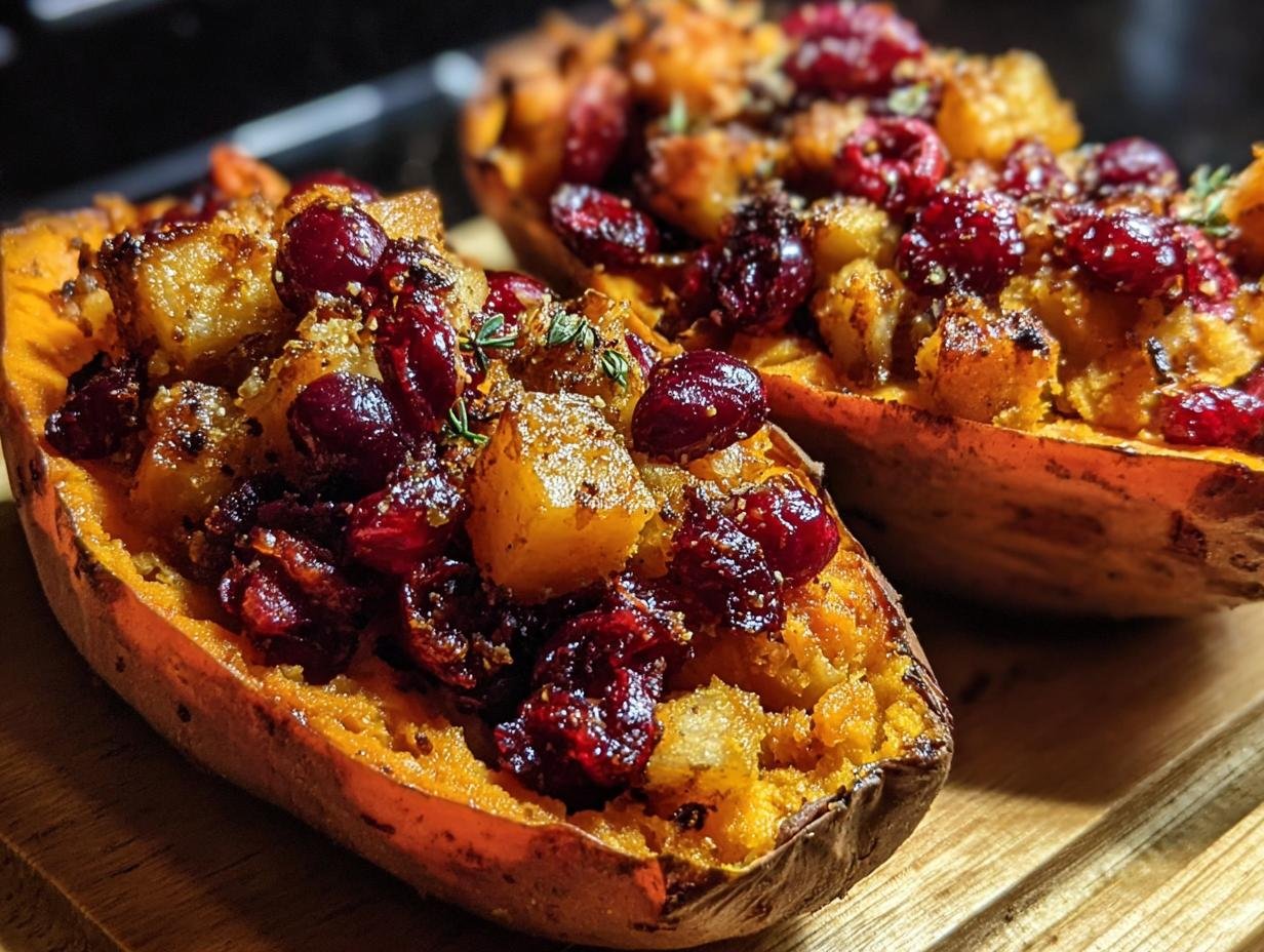 Two halves of Cranberry Apple Twice-Baked Sweet Potatoes on a wooden board, filled with cranberries and apples.