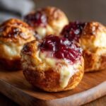 Close-up of homemade Cranberry Brie Bites with melted brie and cranberry sauce on a wooden board.