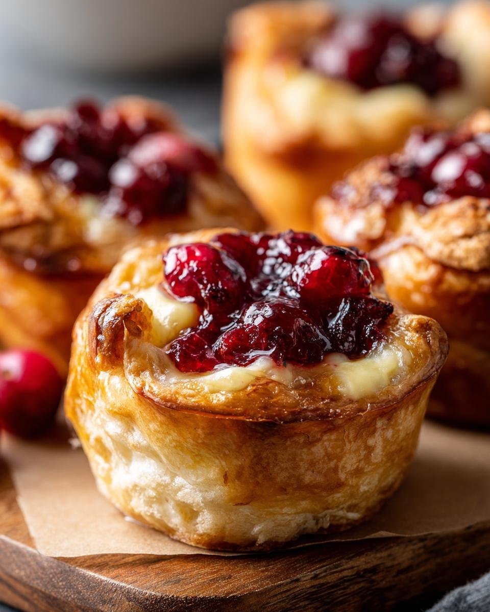 Close-up of homemade Cranberry Brie Bites with flaky pastry and cranberry topping.