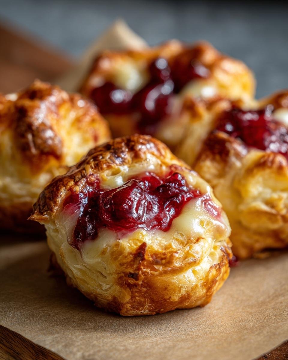 Close-up of several golden brown Cranberry Brie Bites with melted brie and cranberry sauce on a wooden board.