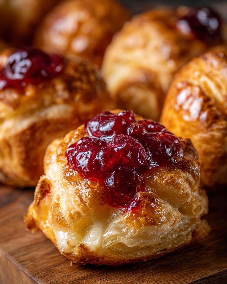Close-up of golden Cranberry Brie Bites with flaky pastry and cranberry topping on a wooden board.