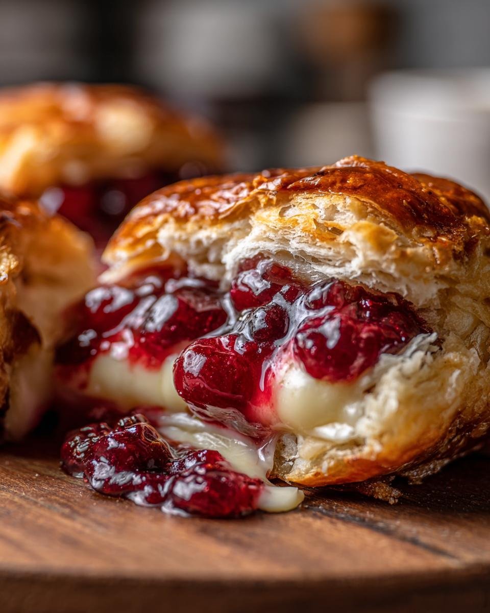 A close-up of a Cranberry Brie Bite, showing the flaky pastry, melted brie, and cranberry sauce filling.