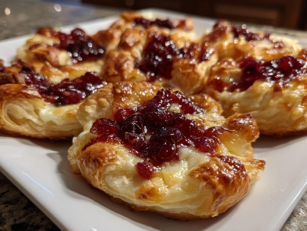 Close-up of homemade Cranberry Brie Bites on a white plate, showcasing the flaky pastry, creamy brie, and cranberry topping.
