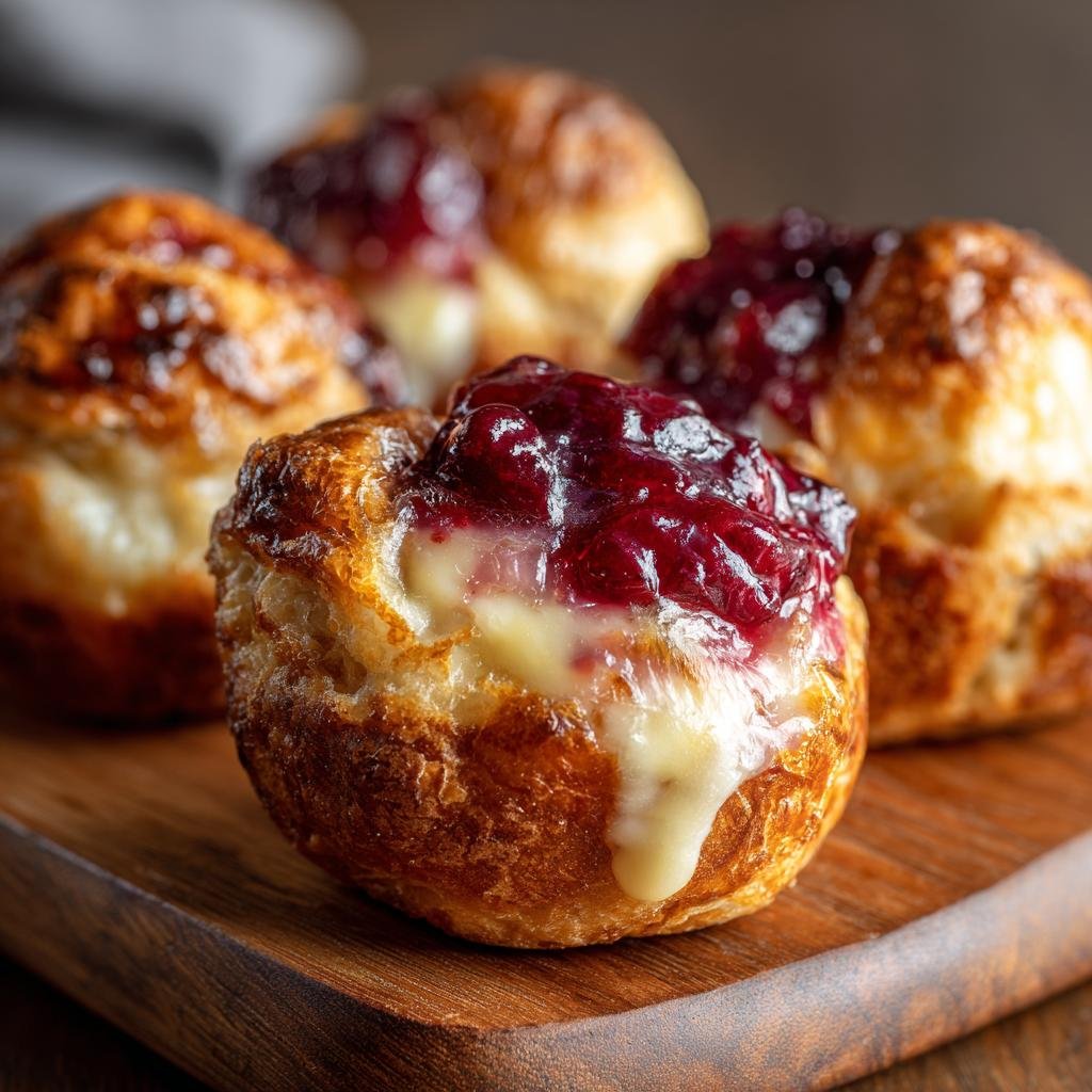 Close-up of homemade Cranberry Brie Bites with melted brie and cranberry sauce on a wooden board.
