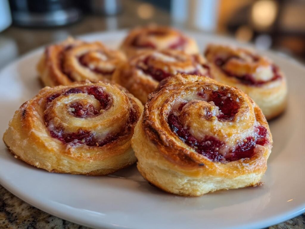 A plate of freshly baked Cranberry Cream Cheese Pinwheels with flaky crust and sweet filling.