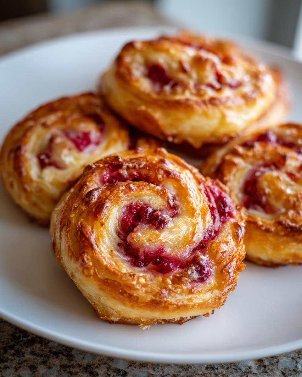 Close-up of four golden Cranberry Cream Cheese Pinwheels on a white plate, showcasing the flaky pastry and cranberry filling.
