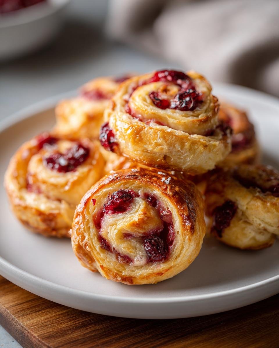 A close-up of several golden-brown Cranberry Cream Cheese Pinwheels stacked on a white plate.