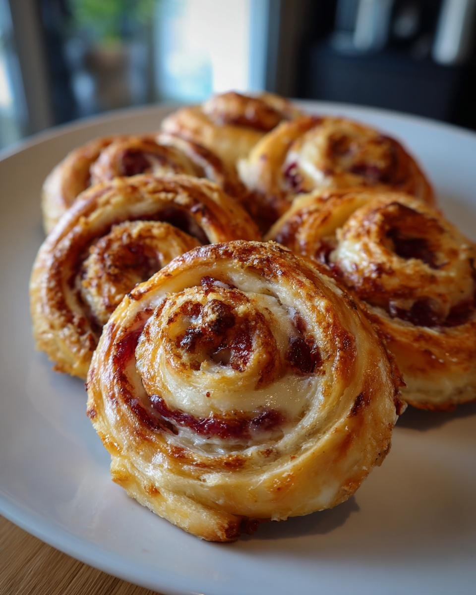 A plate of freshly baked Cranberry Cream Cheese Pinwheels with flaky layers and a sweet filling.