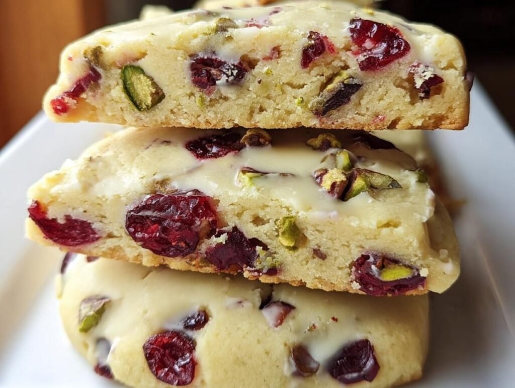A stack of three Cranberry Pistachio Shortbread Cookies, showcasing the cranberries, pistachios, and glaze.