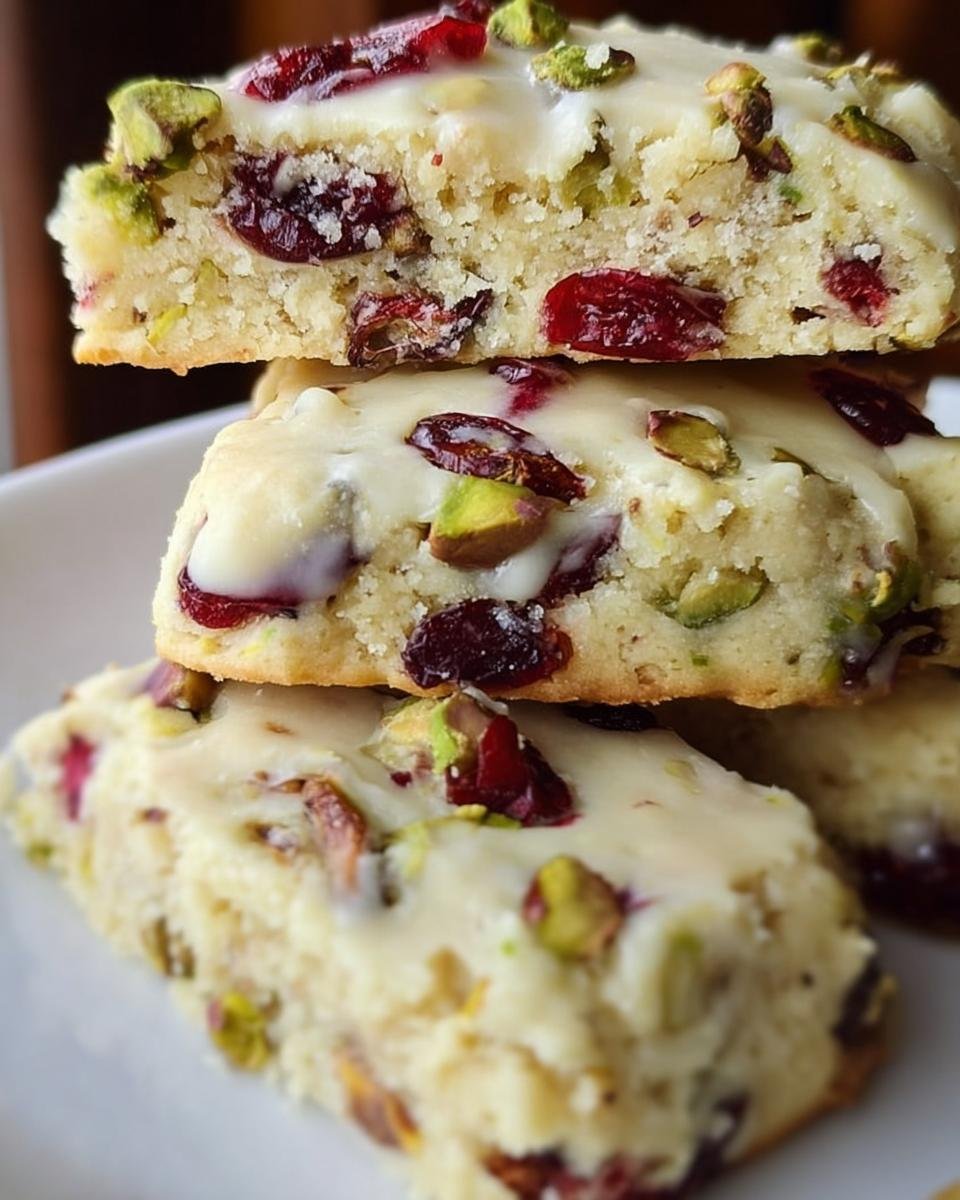 A stack of three Cranberry Pistachio Shortbread Cookies, topped with white icing, cranberries, and pistachios.