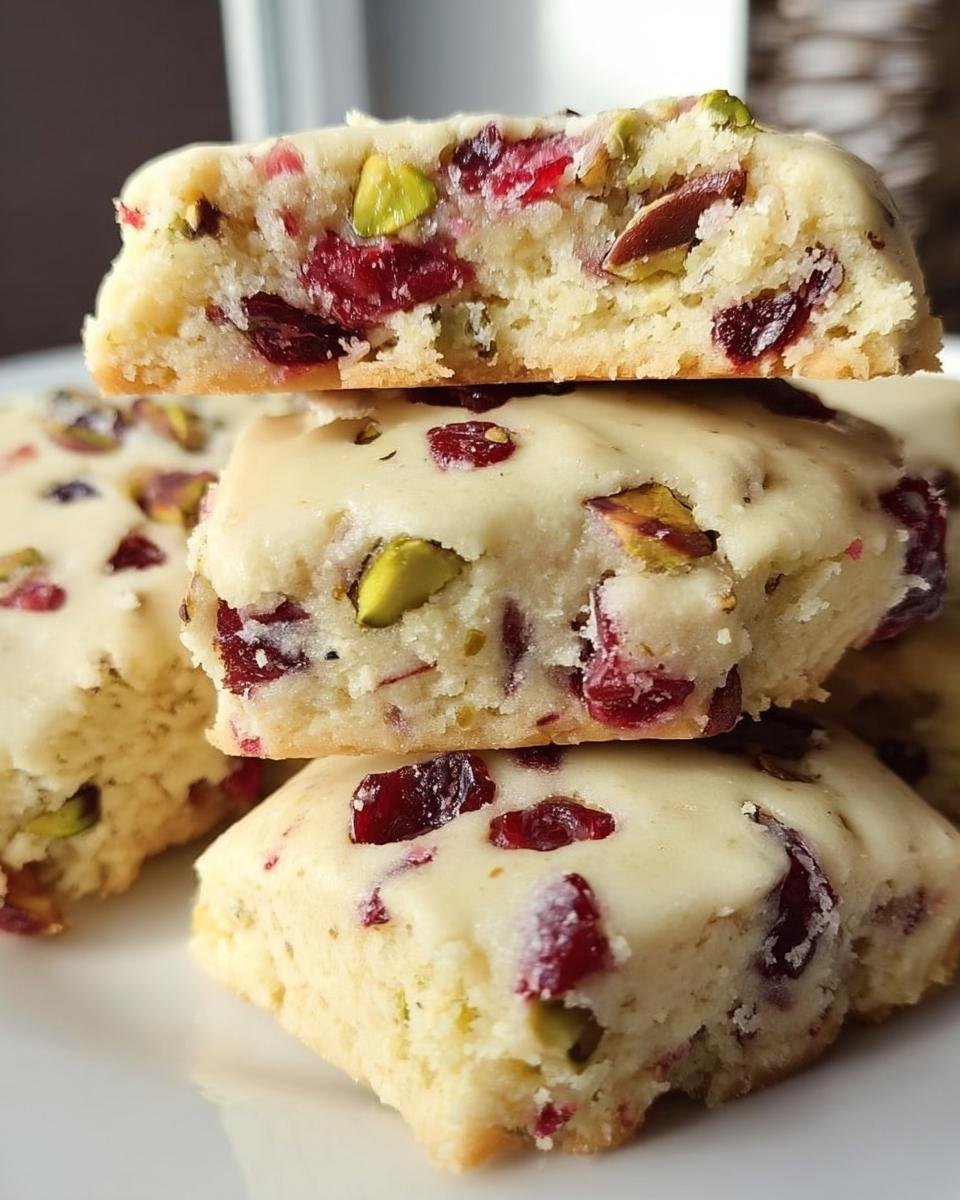 A stack of delicious Cranberry Pistachio Shortbread Cookies, showcasing the cranberries and pistachios.