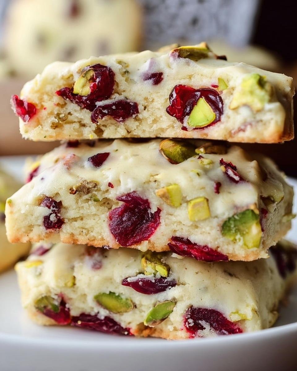 A stack of three cranberry pistachio shortbread cookies, showing the cranberries and pistachios inside.