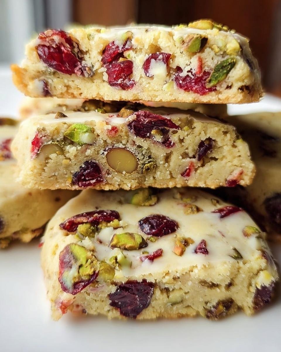 A stack of delicious Cranberry Pistachio Shortbread Cookies, showcasing the cranberries, pistachios, and glaze.