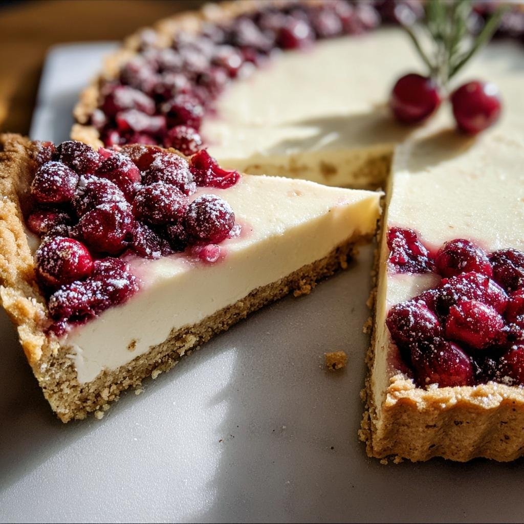 A slice of Cranberry White Chocolate Tart with sugared cranberries on top, showcasing the creamy filling and crust.