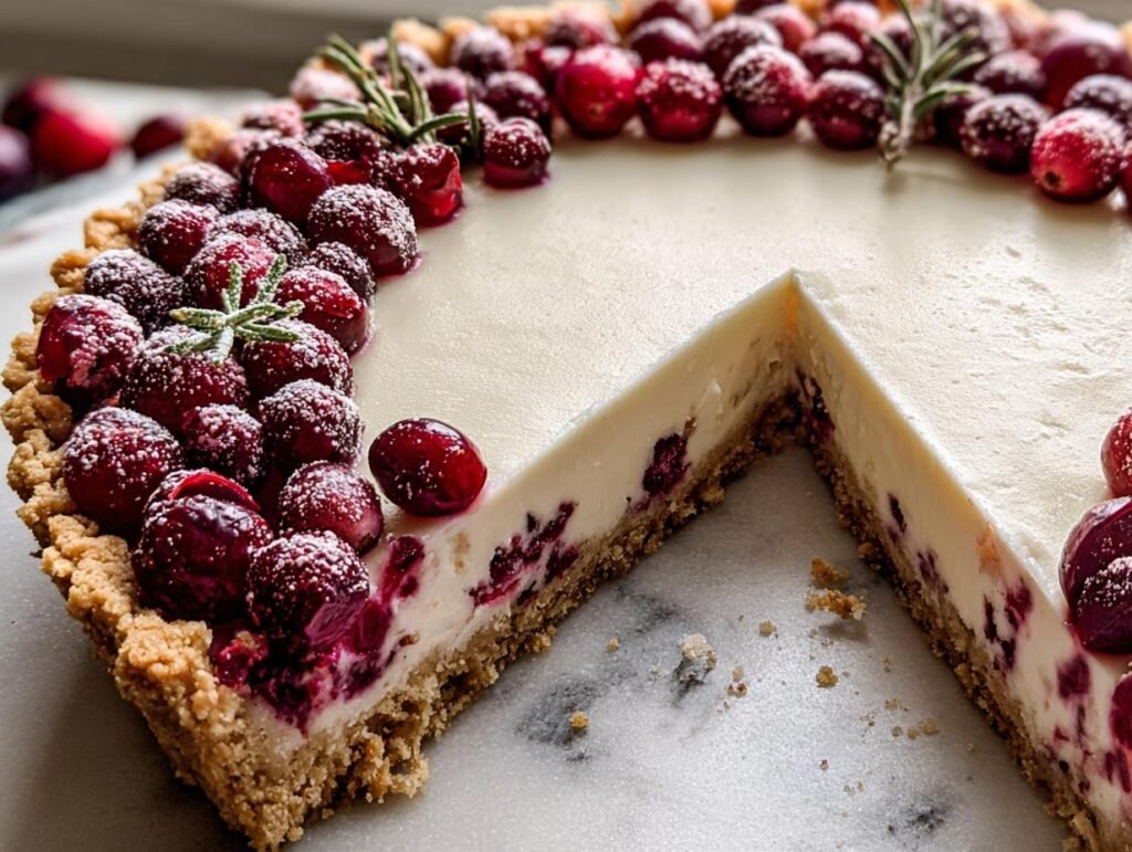 A cranberry white chocolate tart with a slice missing, showcasing the layers and cranberry topping.
