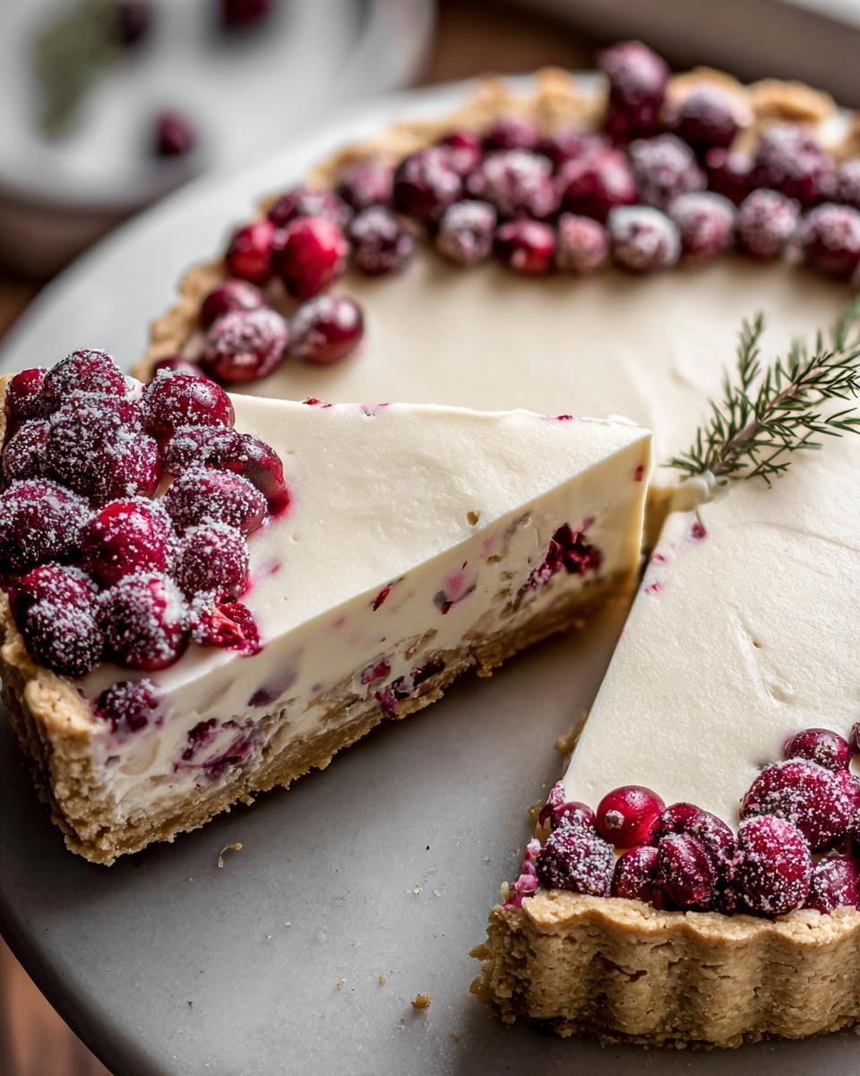 A slice of cranberry white chocolate tart topped with sugared cranberries and a sprig of rosemary.