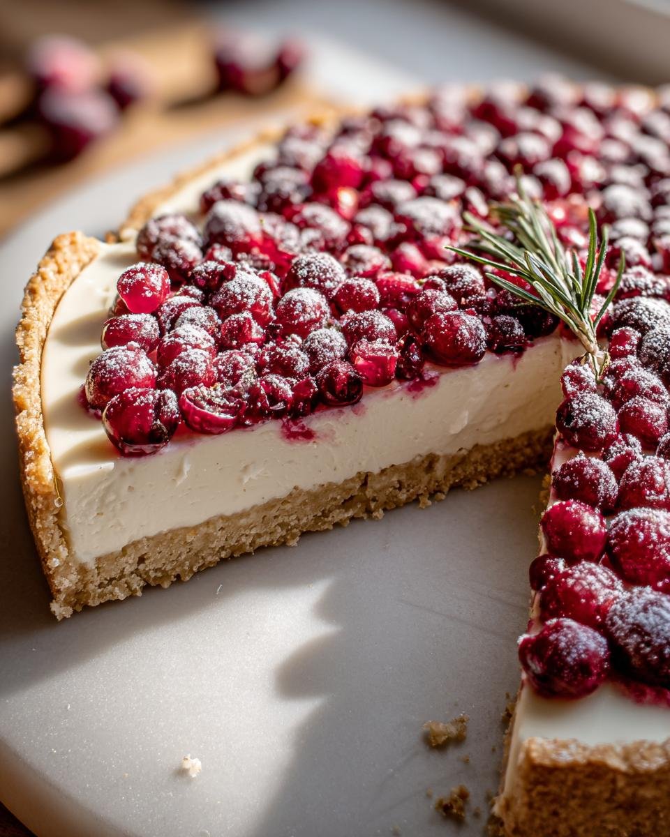 A slice of cranberry white chocolate tart topped with sugared cranberries and a sprig of rosemary.