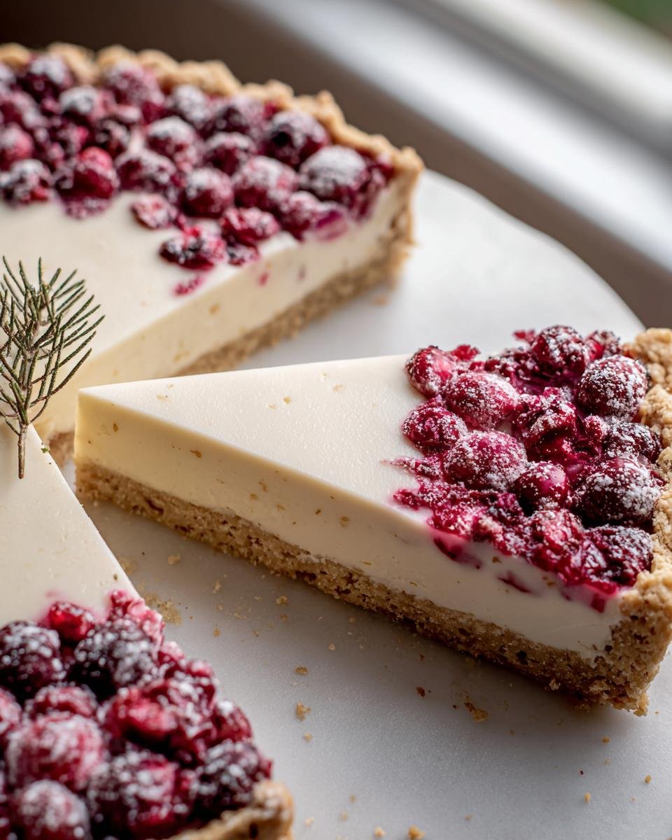 A slice of Cranberry White Chocolate Tart with sugared cranberries on a white plate.