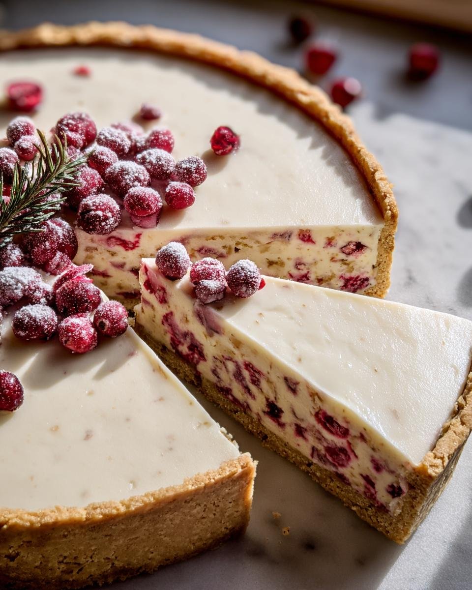A sliced Cranberry White Chocolate Tart topped with sugared cranberries and a sprig of evergreen.