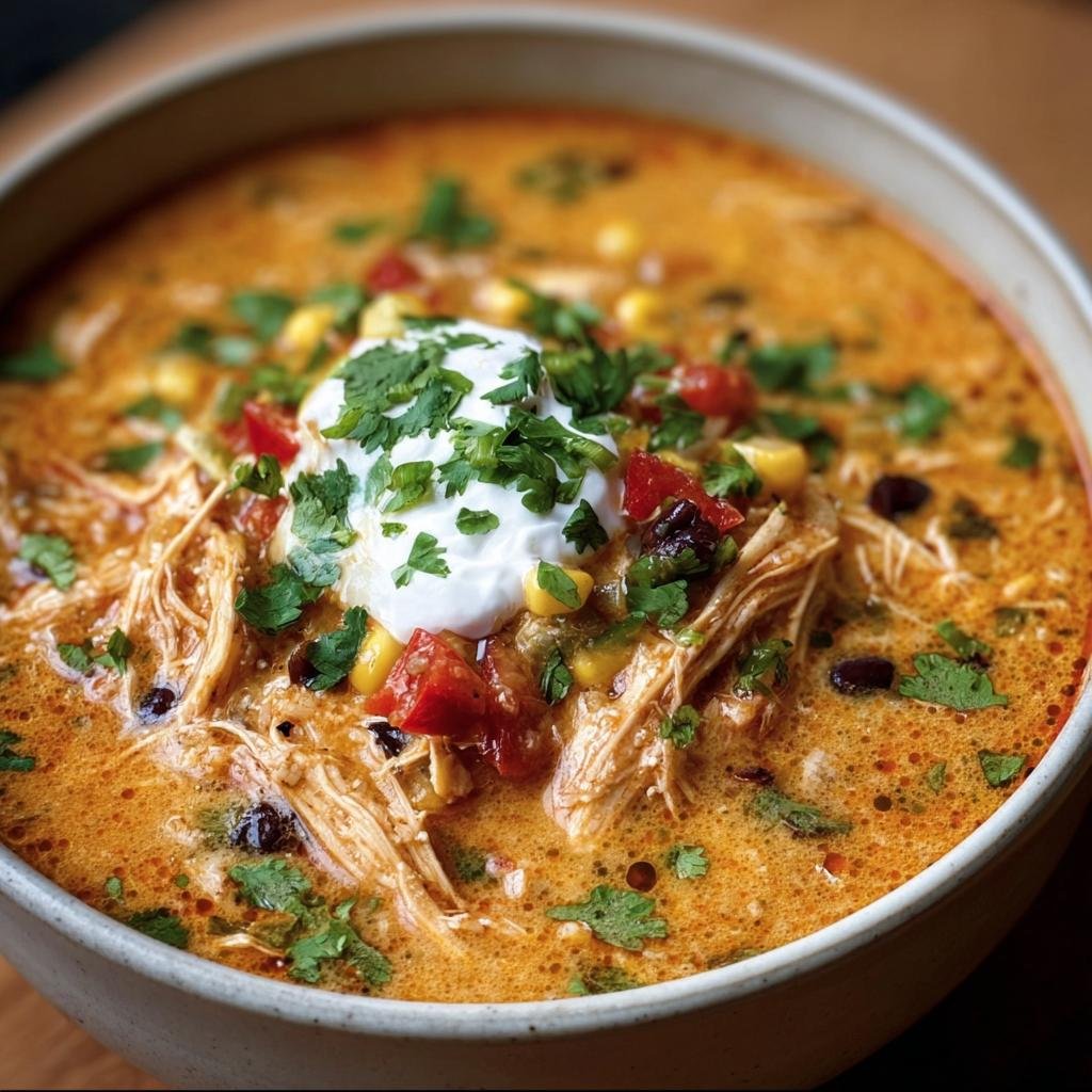 A bowl of Creamy Chicken Enchilada Soup, topped with sour cream and cilantro.